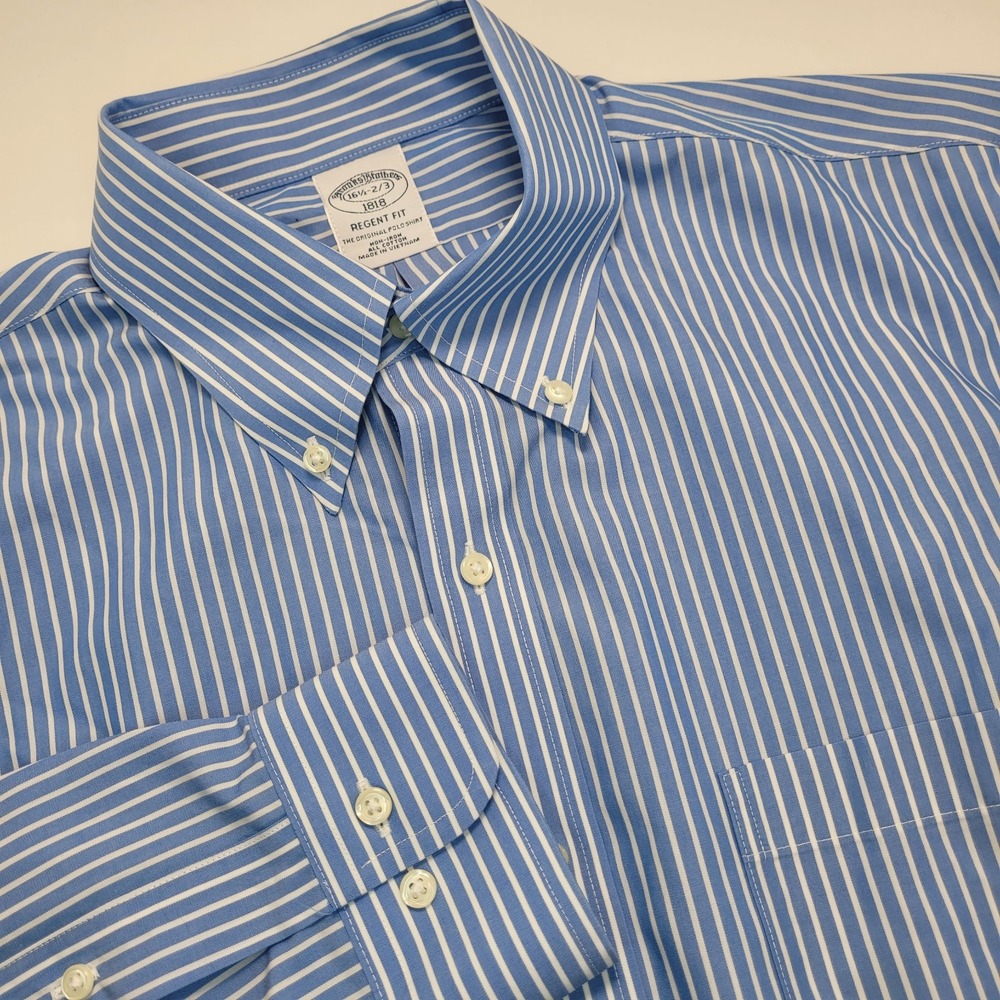Brooks Brothers Dress Shirt‎ Mens 16.5 32/33 Blue White Regent Fit Stripe